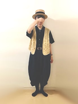 「カンカン帽」｜「アイテム（アナログ腕時計）」を使った、ratoさん（レディース・154cm）の夏コーディネート