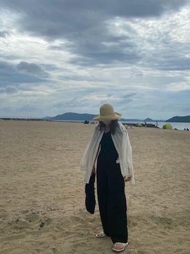 「アイテム（つなぎ/オールインワン、ブラック系）」を使った、ぶるーなさん（レディース・155cm）の夏コーディネート