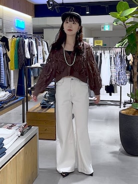 「PAGEBOY（ページボーイ）のスカシリーフニットボレロ 【一部カラーWEB限定】（カーディガン/ボレロ、ブラウン系）」を使った、kotokoさん（レディース・160cm）の春コーディネート