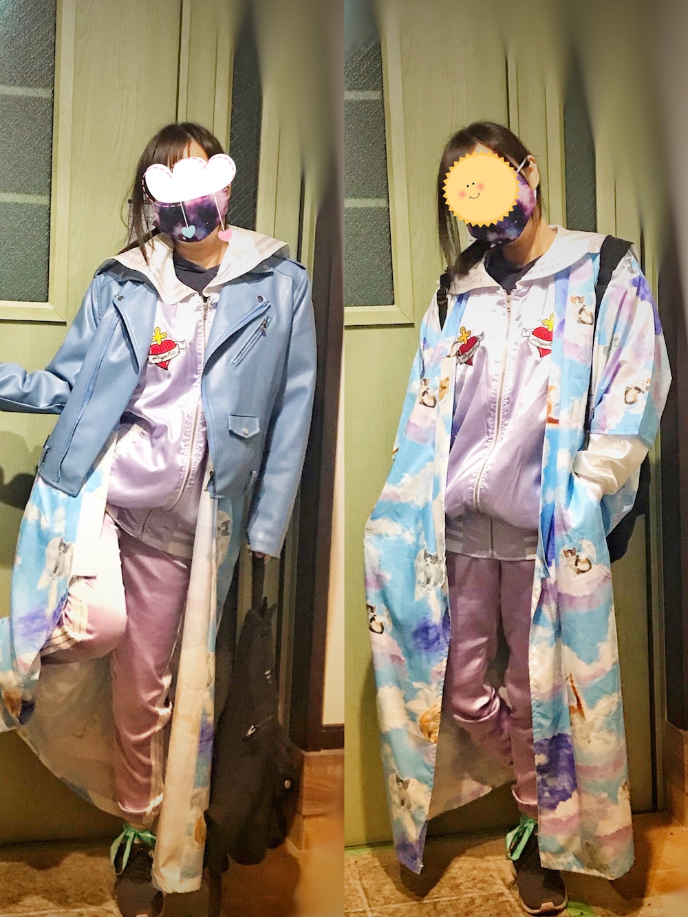 「春夏コーデ、ゆめかわいい、パステルカラー、パンツスタイル、ラクチンコーデ、休日スタイル、今日のコーデ、スニーカー、はるコーデ、ラフ、春カラー、レイヤードスタイル、ゆるコーデ、パリピ、派手」｜「no brandのアイテム（スタジャン、パープル系）」を使った、はねはねとゆかいな何かたちさん（レディース・161cm）の春コーディネートの1枚目の写真