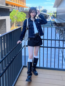 「EMODA（エモダ）のショートスリーブリボントップ（Tシャツ/カットソー、ホワイト系）」を使った、kannaさん（レディース・163cm）の春コーディネート