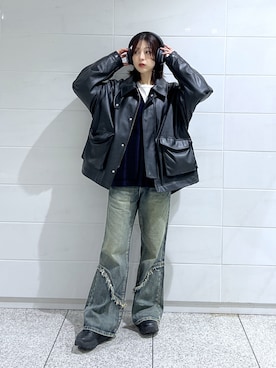 「アイテム（ライダースジャケット）」を使った、kannaさん（レディース・163cm）の秋コーディネート