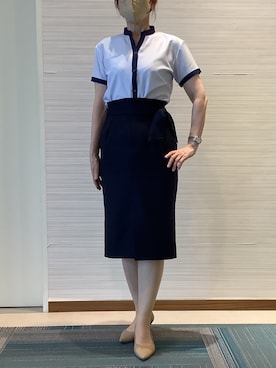 「TOKYO SHIRTS（トウキョウシャツ）の【吸水速乾】【COFREX】配色 スキッパー衿 ブラウス 半袖 レディースデザインシャツ（シャツ/ブラウス、ブルー系）」を使った、SHIRTS PLAZA 長崎みらいココウォーク店さん（レディース・164cm）の夏コーディネート