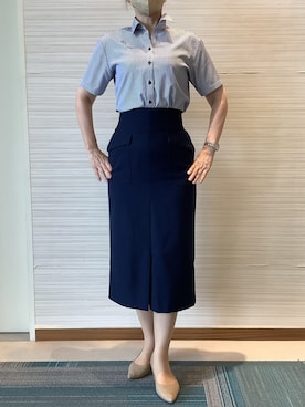 「TOKYO SHIRTS（トウキョウシャツ）の【吸水速乾】【COFREX】形態安定ノンアイロン スキッパー 半袖ビジネスワイシャツ（ビジネスシャツ、ブルー系）」を使った、SHIRTS PLAZA 長崎みらいココウォーク店さん（レディース・148cm）の夏コーディネート