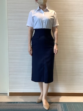 「TOKYO SHIRTS（トウキョウシャツ）の【吸水速乾】 形態安定ノンアイロン レギュラー 半袖ビジネスワイシャツ（ビジネスシャツ、ホワイト系）」を使った、SHIRTS PLAZA 長崎みらいココウォーク店さん（レディース・148cm）の夏コーディネート