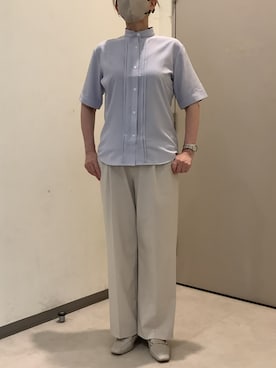 「TOKYO SHIRTS（トウキョウシャツ）の【吸水速乾】【COFREX】スタンド衿 ピンタック ブラウス 五分袖 レディースデザインシャツ（シャツ/ブラウス、ブルー系）」を使った、SHIRTS PLAZA 長崎みらいココウォーク店さん（レディース・148cm）の夏コーディネート