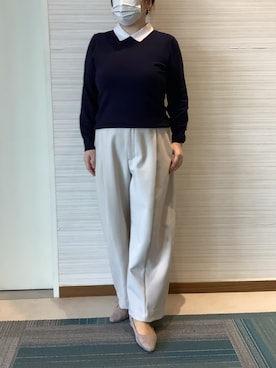「TOKYO SHIRTS（トウキョウシャツ）のニット 配色衿付き プルオーバー 長袖 レディース（ニット/セーター、ブルー系）」を使った、SHIRTS PLAZA 長崎みらいココウォーク店さん（レディース・162cm）の秋コーディネート