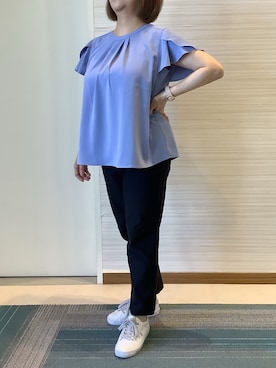 「TOKYO SHIRTS（トウキョウシャツ）の接触冷感 シルキーサテン フレア袖 ブラウス（シャツ/ブラウス、ブルー系）」を使った、SHIRTS PLAZA 長崎みらいココウォーク店さん（レディース・148cm）の夏コーディネート