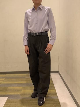 「TOKYO SHIRTS（トウキョウシャツ）の【吸水速乾】【COFREX】 形態安定ノンアイロン レギュラー 長袖ビジネスワイシャツ（ビジネスシャツ、パープル系）」を使った、SHIRTS PLAZA 長崎みらいココウォーク店さん（レディース・162cm）の秋コーディネート