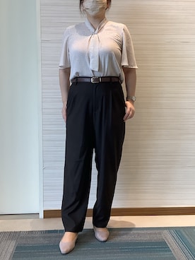 「TOKYO SHIRTS（トウキョウシャツ）の接触冷感 ジョーゼット ボウタイ ブラウス 半袖（シャツ/ブラウス、ベージュ系）」を使った、SHIRTS PLAZA 長崎みらいココウォーク店さん（レディース・148cm）の夏コーディネート