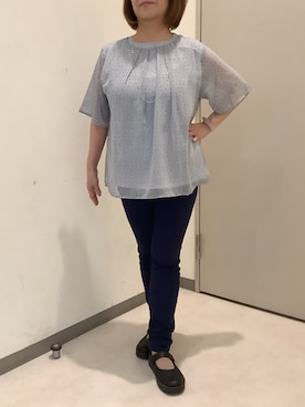 「TOKYO SHIRTS（トウキョウシャツ）のランダムドット  シフォンブラウス 五分袖（シャツ/ブラウス、ブルー系）」を使った、SHIRTS PLAZA 長崎みらいココウォーク店さん（レディース・148cm）の夏コーディネート
