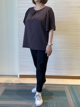 「TOKYO SHIRTS（トウキョウシャツ）の袖プリーツ ジョーゼット ブラウス 五分袖（シャツ/ブラウス、ブラウン系）」を使った、SHIRTS PLAZA 長崎みらいココウォーク店さん（レディース・148cm）の夏コーディネート