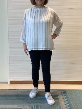 「TOKYO SHIRTS（トウキョウシャツ）のストライプ シフォンブラウス（シャツ/ブラウス、ブルー系）」を使った、SHIRTS PLAZA 長崎みらいココウォーク店さん（レディース・148cm）の夏コーディネート