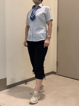 「TOKYO SHIRTS（トウキョウシャツ）の【超形態安定】【接触冷感】形態安定ノンアイロン ワイド 半袖ビジネスワイシャツ（ビジネスシャツ、ブルー系）」を使った、SHIRTS PLAZA 長崎みらいココウォーク店さん（レディース・148cm）の夏コーディネート