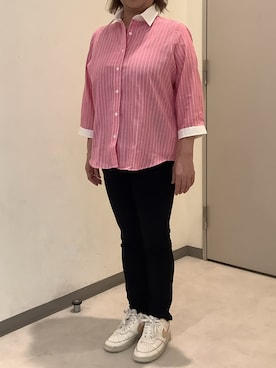 「TOKYO SHIRTS（トウキョウシャツ）の【Pitta Re:)】 レディースカジュアルシャツ Wガーゼ 七分袖 綿100%（シャツ/ブラウス、ピンク系）」を使った、SHIRTS PLAZA 長崎みらいココウォーク店さん（レディース・148cm）の夏コーディネート