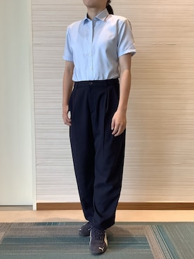 「TOKYO SHIRTS（トウキョウシャツ）の【超形態安定】【接触冷感】形態安定ノンアイロン ワイド 半袖ビジネスワイシャツ（ビジネスシャツ、ブルー系）」を使った、SHIRTS PLAZA 長崎みらいココウォーク店さん（レディース・148cm）の夏コーディネート