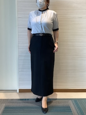「TOKYO SHIRTS（トウキョウシャツ）の【吸水速乾】【COFREX】配色 ギャザー衿 ブラウス 五分袖 レディースデザインシャツ（シャツ/ブラウス、グレー系）」を使った、SHIRTS PLAZA 長崎みらいココウォーク店さん（レディース・148cm）の夏コーディネート