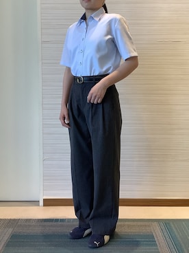 「TOKYO SHIRTS（トウキョウシャツ）の形態安定ノンアイロン レギュラー 5分袖ビジネスワイシャツ（ビジネスシャツ、ブルー系）」を使った、SHIRTS PLAZA 長崎みらいココウォーク店さん（レディース・164cm）の夏コーディネート