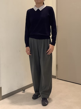 「TOKYO SHIRTS（トウキョウシャツ）のニット 配色衿付き プルオーバー 長袖 レディース（ニット/セーター、ブルー系）」を使った、SHIRTS PLAZA 長崎みらいココウォーク店さん（レディース・162cm）の秋コーディネート