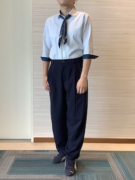 「TOKYO SHIRTS（トウキョウシャツ）の【透け防止】 形態安定ノンアイロン ワイド 7分袖ビジネスワイシャツ（ビジネスシャツ、グリーン系）」を使った、SHIRTS PLAZA 長崎みらいココウォーク店さん（レディース・148cm）の夏コーディネート