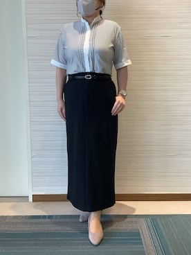 「TOKYO SHIRTS（トウキョウシャツ）の【吸水速乾】【COFREX】スタンド衿 ピンタック ブラウス 五分袖 レディースデザインシャツ（シャツ/ブラウス、グレー系）」を使った、SHIRTS PLAZA 長崎みらいココウォーク店さん（レディース・148cm）の夏コーディネート