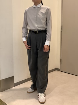 「TOKYO SHIRTS（トウキョウシャツ）の【吸水速乾】【COFREX】 形態安定ノンアイロン ラウンド 長袖ビジネスワイシャツ（ビジネスシャツ、ベージュ系）」を使った、SHIRTS PLAZA 長崎みらいココウォーク店さん（レディース・162cm）の秋コーディネート