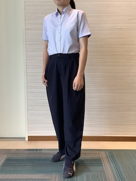 「TOKYO SHIRTS（トウキョウシャツ）の【吸水速乾】 形態安定ノンアイロン スキッパー 半袖ビジネスワイシャツ（ビジネスシャツ、パープル系）」を使った、SHIRTS PLAZA 長崎みらいココウォーク店さん（レディース・148cm）の夏コーディネート
