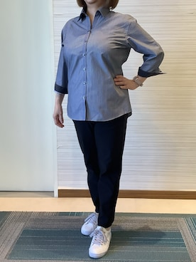 「TOKYO SHIRTS（トウキョウシャツ）の【透け防止】 形態安定ノンアイロン スキッパー 7分袖ビジネスワイシャツ（ビジネスシャツ、グレー系）」を使った、SHIRTS PLAZA 長崎みらいココウォーク店さん（レディース・148cm）の夏コーディネート