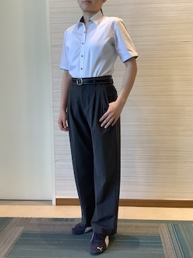 「TOKYO SHIRTS（トウキョウシャツ）の形態安定ノンアイロン レギュラー 5分袖ビジネスワイシャツ（ビジネスシャツ、ホワイト系）」を使った、SHIRTS PLAZA 長崎みらいココウォーク店さん（レディース・148cm）の夏コーディネート