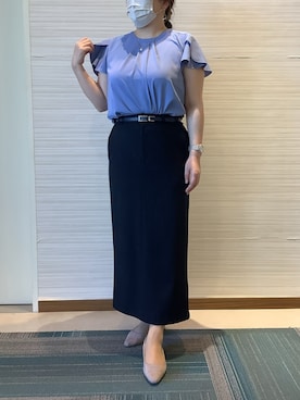 「TOKYO SHIRTS（トウキョウシャツ）の接触冷感 シルキーサテン フレア袖 ブラウス（シャツ/ブラウス、ブルー系）」を使った、SHIRTS PLAZA 長崎みらいココウォーク店さん（レディース・148cm）の夏コーディネート