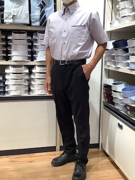 「TOKYO SHIRTS（トウキョウシャツ）の【超形態安定】【吸水速乾】 形態安定ノンアイロン ボタンダウン 半袖ビジネスワイシャツ（ビジネスシャツ、パープル系）」を使った、BRICK HOUSE by Tokyo Shirts 川口前川イオンモール店さん（メンズ・165cm）の夏コーディネート