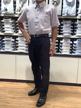 「TOKYO SHIRTS（トウキョウシャツ）の【超形態安定】【接触冷感】 形態安定ノンアイロン ボタンダウン 半袖ビジネスワイシャツ（ビジネスシャツ、パープル系）」を使った、BRICK HOUSE by Tokyo Shirts 川口前川イオンモール店さん（メンズ・165cm）の夏コーディネート