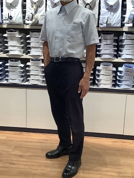 「TOKYO SHIRTS（トウキョウシャツ）の【超形態安定】【接触冷感】 形態安定ノンアイロン ワイド 半袖ビジネスワイシャツ（ビジネスシャツ、ブルー系）」を使った、BRICK HOUSE by Tokyo Shirts 川口前川イオンモール店さん（メンズ・165cm）の夏コーディネート