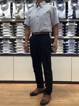 「TOKYO SHIRTS（トウキョウシャツ）の【超形態安定】【吸水速乾】 形態安定ノンアイロン ボタンダウン 半袖ビジネスワイシャツ（ビジネスシャツ、ブルー系）」を使った、BRICK HOUSE by Tokyo Shirts 川口前川イオンモール店さん（メンズ・165cm）の夏コーディネート