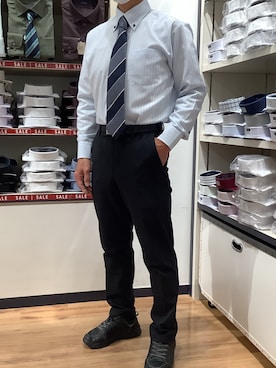 「TOKYO SHIRTS（トウキョウシャツ）の形態安定ノンアイロン ボタンダウン 長袖ビジネスワイシャツ（ビジネスシャツ、ブルー系）」を使った、BRICK HOUSE by Tokyo Shirts 川口前川イオンモール店さん（メンズ・165cm）の冬コーディネート