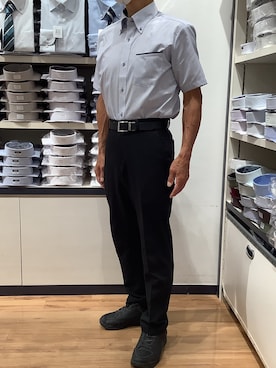 「TOKYO SHIRTS（トウキョウシャツ）の【超形態安定】【吸水速乾】 形態安定ノンアイロン ボタンダウン 半袖ビジネスワイシャツ（ビジネスシャツ、ブルー系）」を使った、BRICK HOUSE by Tokyo Shirts 川口前川イオンモール店さん（メンズ・165cm）の夏コーディネート