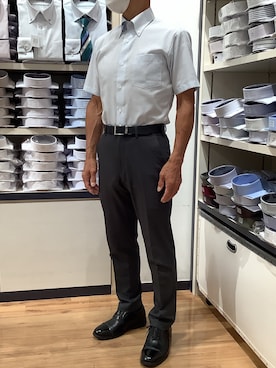 「TOKYO SHIRTS（トウキョウシャツ）の【超形態安定】 形態安定ノンアイロン ボタンダウン 半袖ビジネスワイシャツ（ビジネスシャツ、ブルー系）」を使った、BRICK HOUSE by Tokyo Shirts 川口前川イオンモール店さん（メンズ・165cm）の夏コーディネート