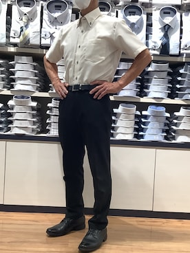 「TOKYO SHIRTS（トウキョウシャツ）の【超形態安定】【接触冷感】 形態安定ノンアイロン ボタンダウン 半袖ビジネスワイシャツ（ビジネスシャツ、イエロー系）」を使った、BRICK HOUSE by Tokyo Shirts 川口前川イオンモール店さん（メンズ・165cm）の夏コーディネート
