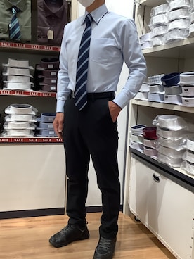「TOKYO SHIRTS（トウキョウシャツ）の形態安定ノンアイロン ボタンダウン 長袖ビジネスワイシャツ（ビジネスシャツ、ブルー系）」を使った、BRICK HOUSE by Tokyo Shirts 川口前川イオンモール店さん（メンズ・165cm）の冬コーディネート