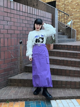 「アイテム（スカート、パープル系）」を使った、JURIさん（レディース・156cm）の冬コーディネート