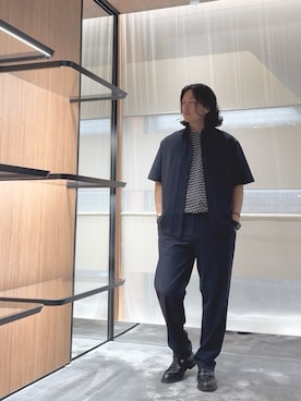 「アイテム（チノパンツ、ブルー系）」を使った、SANNANDESUさん（メンズ・179cm）の夏コーディネート