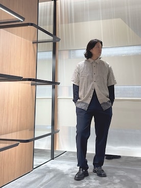 「EMPORIO ARMANI（エンポリオアルマーニ）の【エンポリオ アルマーニ】ASV ツーピース風コンフォートフィットシャツ リヨセル混紡 プリント（シャツ/ブラウス）」を使った、SANNANDESUさん（メンズ・179cm）の夏コーディネート