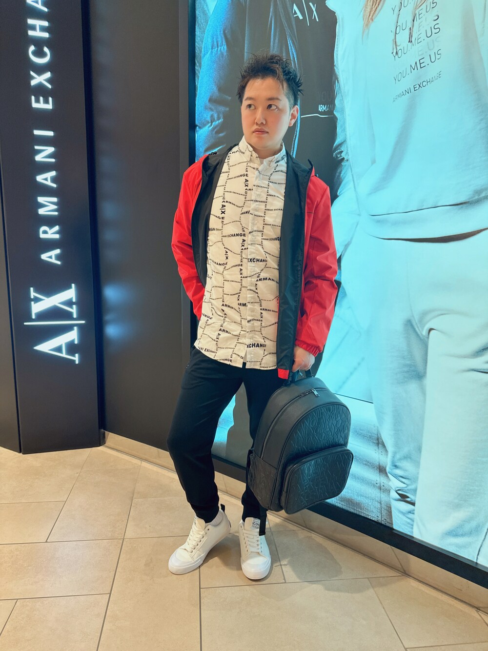 「armaniexchange、AXchanger、ARMANIEXCHANGE、今日のコーデ、春コーデ、韓国ファッション、レイヤードスタイル、ストリートMIX、カジュアル、おしゃれさんと繋がりたい、いいね、save、フォローお願いします🤑、アウター、シャツスタイル」｜「ARMANI EXCHANGEの【A|X アルマーニ エクスチェンジ】ロゴライン　ナイロンジャケット（ナイロンジャケット、レッド系）」を使った、E.YASUさん（メンズ・175cm）の冬コーディネートの1枚目の写真