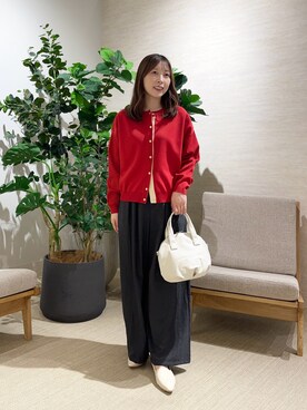 「Jena espace merveilleux(ジェナ エスパスメルヴェイユ)の袖ビハイメッシュカーディガン(ニット/セーター、レッド系)」を使った、ひなのさん(レディース・156cm)の夏コーディネート