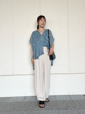 「Jena espace merveilleux（ジェナ　エスパスメルヴェイユ）の【サラサラ半袖デニム】テンセルフレンチシャツ（シャツ/ブラウス、ブルー系）」を使った、ひなのさん（レディース・156cm）の夏コーディネート