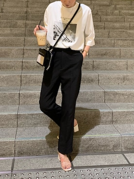 「crie conforto（クリーコンフォルト）のチョップスティックパンツ（スラックス、ブラック系）」を使った、nakajo_marinaさん（レディース・160cm）の夏コーディネート