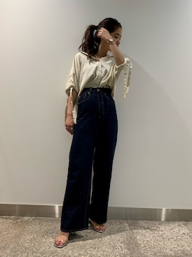 「crie conforto（クリーコンフォルト）の袖口リボンシャツ（シャツ/ブラウス、ホワイト系）」を使った、nakajo_marinaさん（レディース・160cm）の夏コーディネート