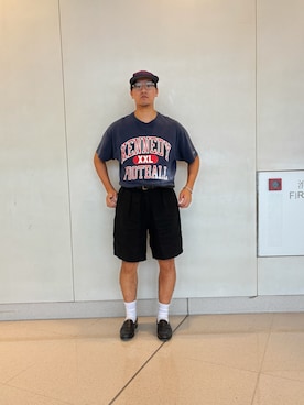 「アイテム（キャップ、パープル系）」を使った、pata92さん（メンズ・175cm）の夏コーディネート