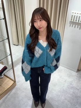 「mysty woman（ミスティウーマン）のアーガイルニットカーディガン 572855（カーディガン/ボレロ）」を使った、rinoさん（レディース・156cm）の秋コーディネート