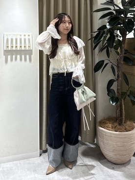 「mysty woman（ミスティウーマン）のアンティークバックルベルト 606086（ベルト、ベージュ系）」を使った、rinoさん（レディース）の春コーディネート